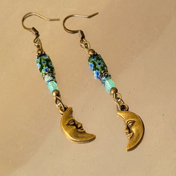 Crescent MOON Face Charm Earrings Millefiori Picasso Bronze Plated Hook Earwires - Picture 12 of 13